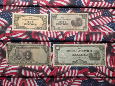 1943 Japan 10 & 50 Centavos & One & 10 Pesos Philippines WWll Military Invasion Currency