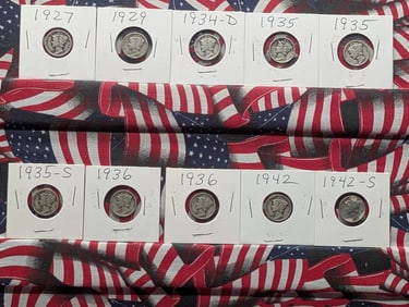 1927, 1929, 1934-D, (2) 1935, (2) 1936, 1935-S, 1942, & 1942-S Mercury Dimes