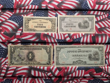1943 Japan 10 & 50 Centavos & One & 10 Pesos Philippines WWll Military Invasion Currency