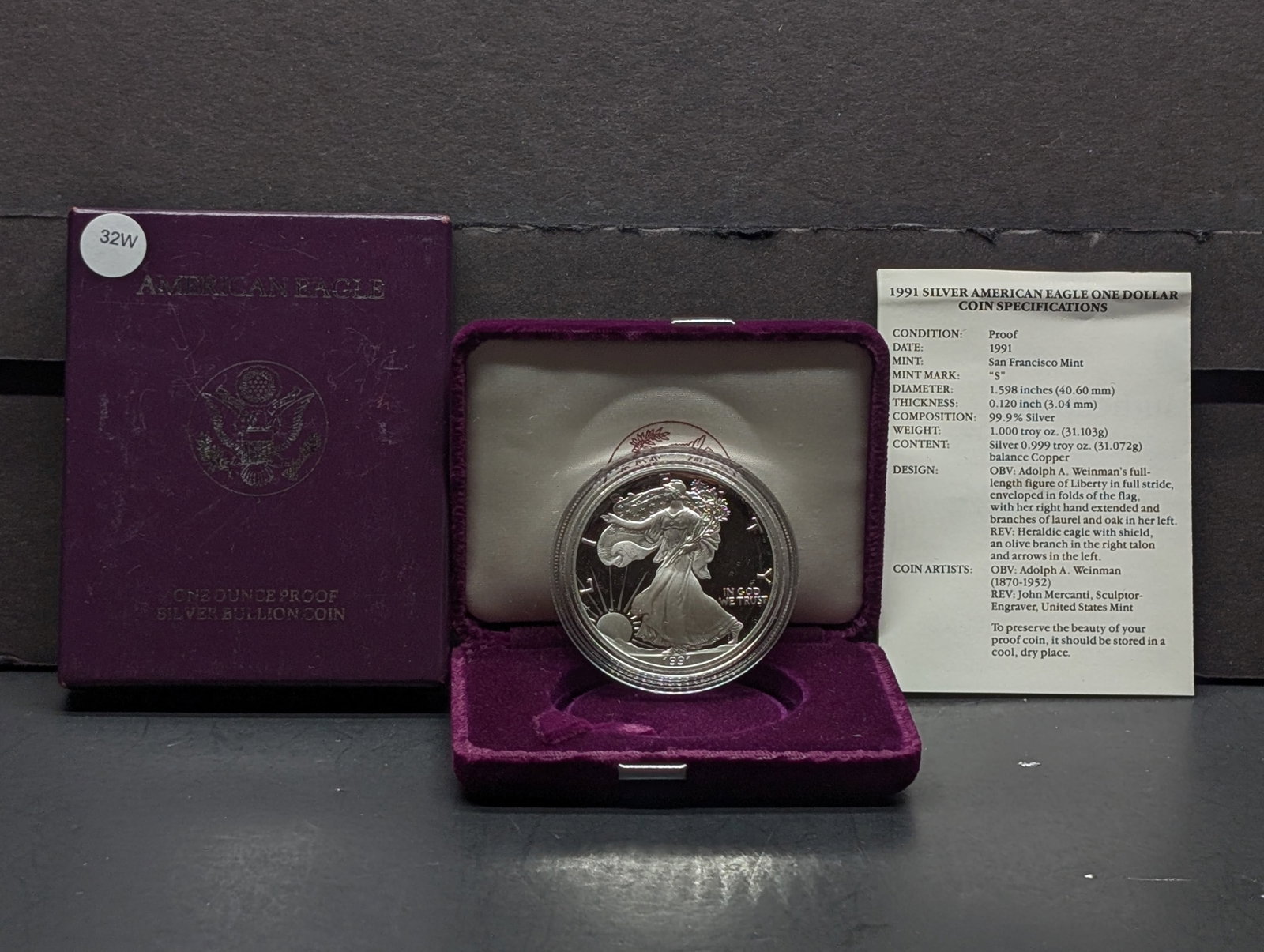 1991-S American Silver Eagle, .999 Silver In OGP With COA: 1991-S American Silver Eagle, .999 Silver In OGP With COA