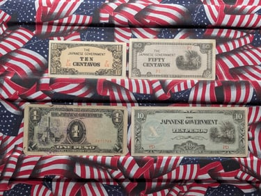 1943 Japan 10 & 50 Centavos & One & 10 Pesos Philippines WWll Military Invasion Currency
