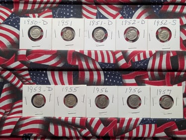 (10) Assorted 1950's Date Roosevelt Dimes