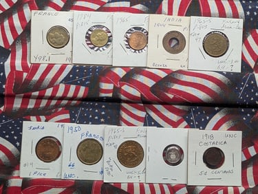 10 Assorted Foreign Coins Carded in 2x2. Various Dates/Countries. Nice Mix