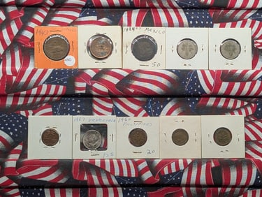 10 Assorted Foreign Coins Carded in 2x2. Various Dates/Countries. Nice Mix