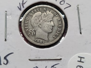 1907 Silver Barber Dime - Better Grade! - Full Liberty!