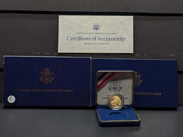 1987-W U.S. Constitution Gold Five Dollar Coin, 90% Gold In OGP With COA