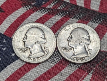 1938 & 1942 WWII Era, 90% Silver, Washington Quarters, Over 80 Years Old!