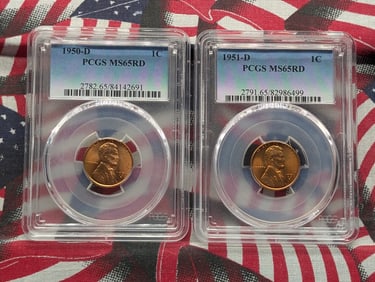 1950-D & 1951-D Lincoln Wheat Cents, PCGS MS65RD