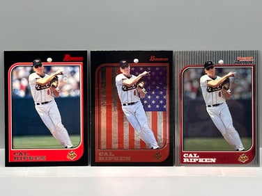 Lot of (3) 1997 Bowman & Bowman Chrome Cal Ripken Jr - Base Card, International Parallel, Chrome