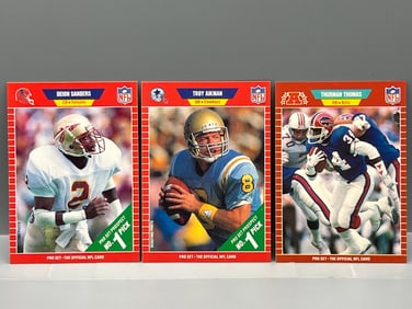 1989 Pro Set Deion Sanders RC #486, Troy Aikman RC #490, & Thurman Thomas RC #32
