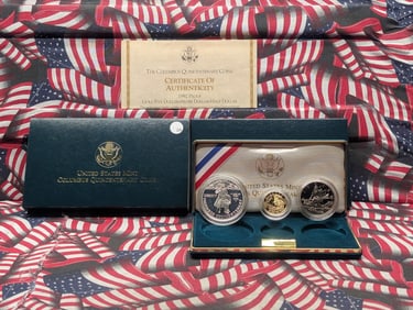 1992 P S & W Proof Three Coin Set, Includes 90% Gold Five Dollar Coin, 8.359 Gr., 90% Silver Proof