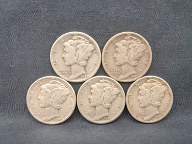 Mercury Silver Dime Lot of 5 - 1940, 1941, 1942-D, 1944, 1945-D