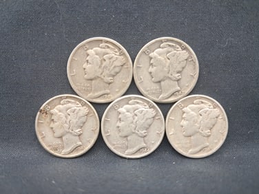 Mercury Silver Dime Lot of 5 - 1941-D, 1942-D, 1943, 1944, 1945-D