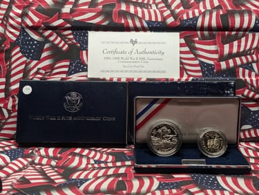 1995 World War II 50th Anniversary Commemorative Coins, West Point Dollar 90% Silver, P Clad Half