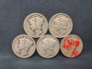 Mercury Silver Dime Lot of 5 - 1936, 1941, 1941, 1942, unreadable date