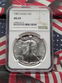 1987 American Silver Eagle .999 Fine Silver, One Troy Ounce, NGC MS69