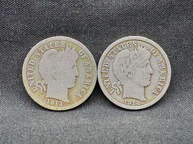 1913, 1914-D Barber Silver Dimes