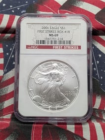 2006 American Silver Eagle .999 Fine Silver, One Troy Ounce, NGC MS69 First Strikes Box 18