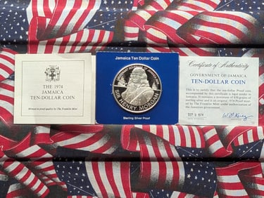 1974 Proof Jamaica Ten Dollar Sterling Silver Coin 650 Grains by The Franklin Mint w/ COA