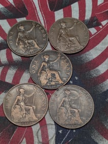 (5) Large Cent British Copper Pennies 1913/1915/1917/1918/1919