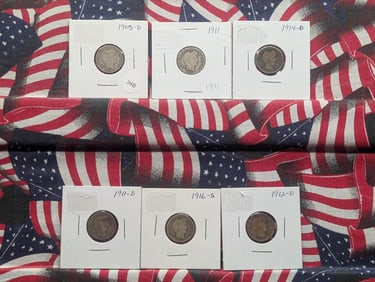 6 Barber Dimes 1908-D,1911-P,1914-D,1911-D,1912-D,1916-S