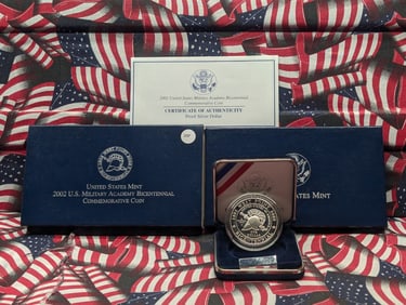 2002-W US Military Academy Commemorative Proof 90% Silver Dollar with Box & COA