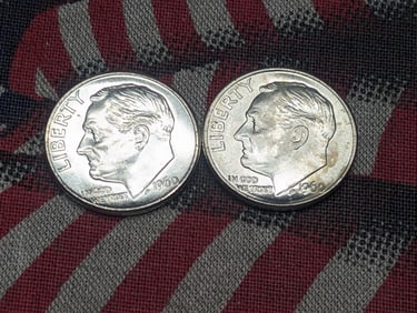 2-1960 D, 90% Silver, Roosevelt Dimes, 65 Years Old!