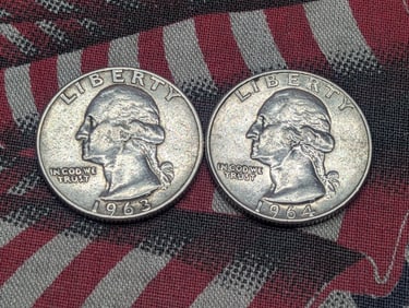 1963 D & 1964 D, 90% Silver, Washington Quarters, Over 60 Years Old!