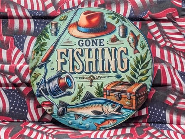 Gone Fishing, Metal Sign, 7.75x7.75 Inches-Dinner Plate Size, Perfect For Man Cave, Garage, etc.,