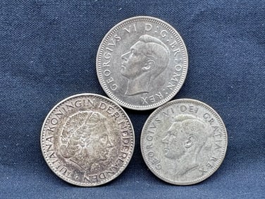 Foreign Silver Coin Lot of 3 - 1943 Great Britain Shilling (50%), 1965 Netherlands Gulden (72%),