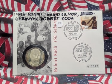 1993 Germany 62.5% Silver, 15.5 Grams, Robert Koch Proof w/ First Day Cover Stamp