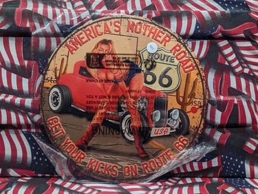 Route 66, Metal Sign, 7.75x7.75 Inches-Dinner Plate Size, Perfect For Man Cave, Garage, etc., Holes
