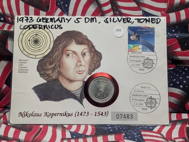 1973 Germany 5DM,  62.5% Silver, 11.2 Grams,  Copernicus Proof w/ First Day Cover Stamp
