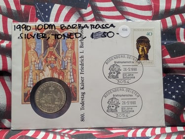 1990 Germany 100 Mark, 62.5% Silver, 15.5 Grams, Barbarossa, Proof w/ First Day Cover Stamp