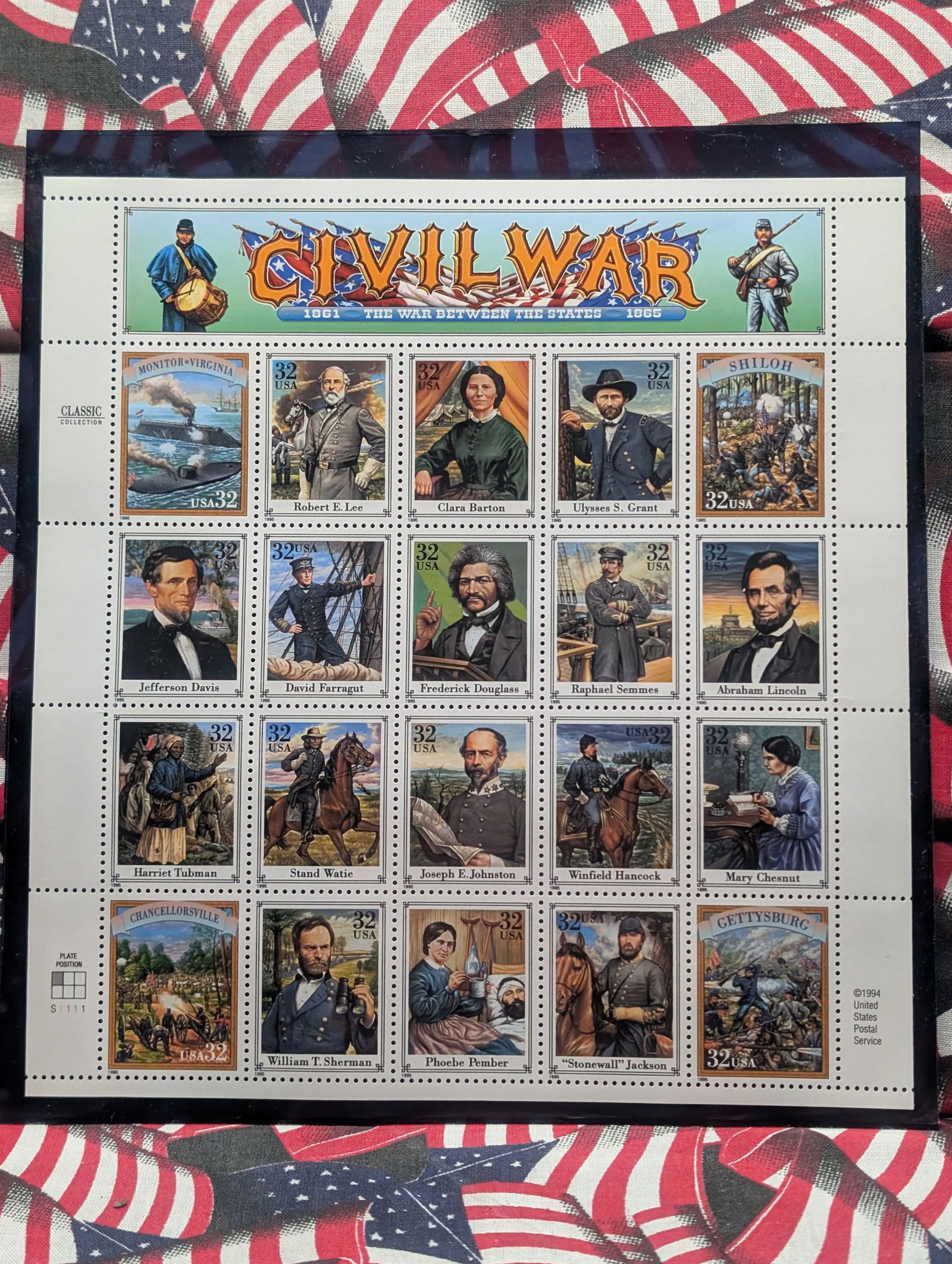 Sheet Of 20 "Civil War" Postage Stamps, Mint, Original Gum, Never Hinged (1 of 3)