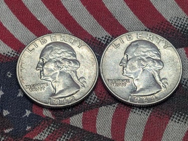 1962 D & 1964 D, 90% Silver, Washington Quarters, Over 60 Years Old!