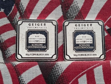10 Grams Each .999 FINE SILVER Schloss Guldengossa Designed Art Bars (2 PCS - 20 Grams Total)