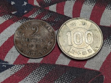 1960 Japan 100 Silver Yen & 1911 France 2 Centimes (2 PCS)