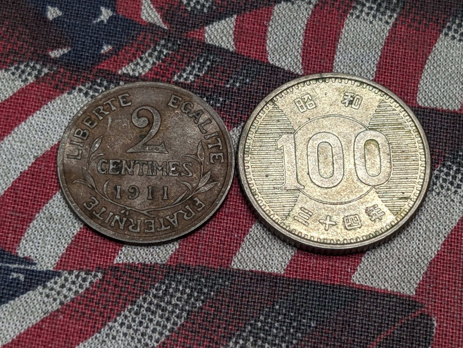 1960 Japan 100 Silver Yen & 1911 France 2 Centimes (2 PCS): 1960 Japan 100 Silver Yen & 1911 France 2 Centimes (2 PCS)