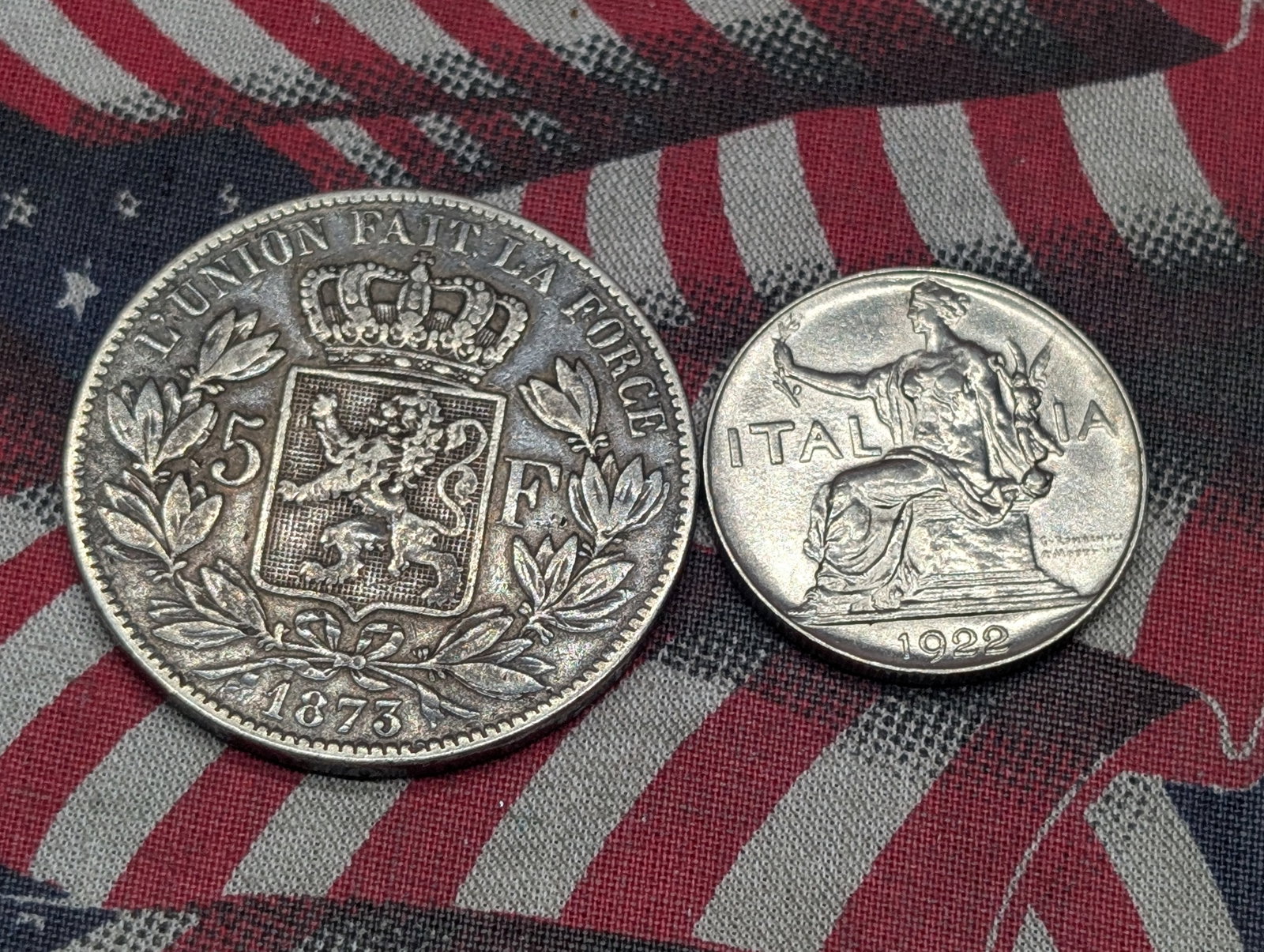 1873 Belgium 5 Silver Francs & 1922-R Italy 1 Lira (2 PCS): 1873 Belgium 5 Silver Francs & 1922-R Italy 1 Lira (2 PCS)