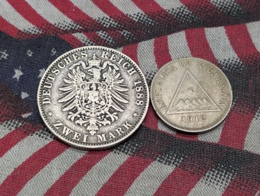1912-H Central America 5 Centavos - VF & 1888-A Prussia 2 Silver Marks (2 PCS)