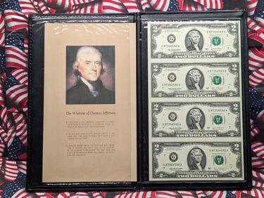 Uncut Sheet of Four 2003 A Series $2.00 Federal Reserve Notes in Display Book