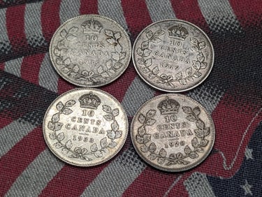 1919 - 92.5% Silver & 1920, 1935 & 1933 - 80% Silver Canada 10 Silver Cents (4 PCS)