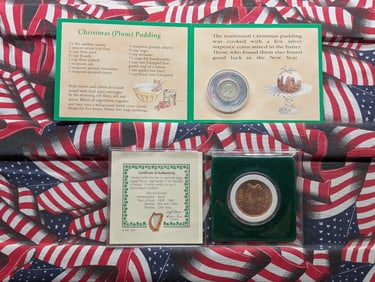 1968 Lucky Irish Penny & 1955 Great Britain Lucky Christmas Sixpence - Both in Capsules & Displays