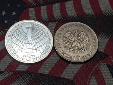 1971 Poland 10 Zlotys & 1973-J Germany 5 Silver Marks (2 PCS)