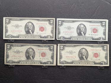 Lot of Four Various 1953 Series $2.00 RED SEAL Banknotes (1) 53, (2) B's, (1) A