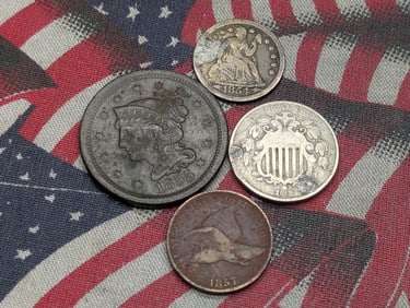 Four Vintage U.S. Coins - 1855 U.S. Large Cent, 1857 Flying Eagle Cent, 1854 Seated Liberty Dime