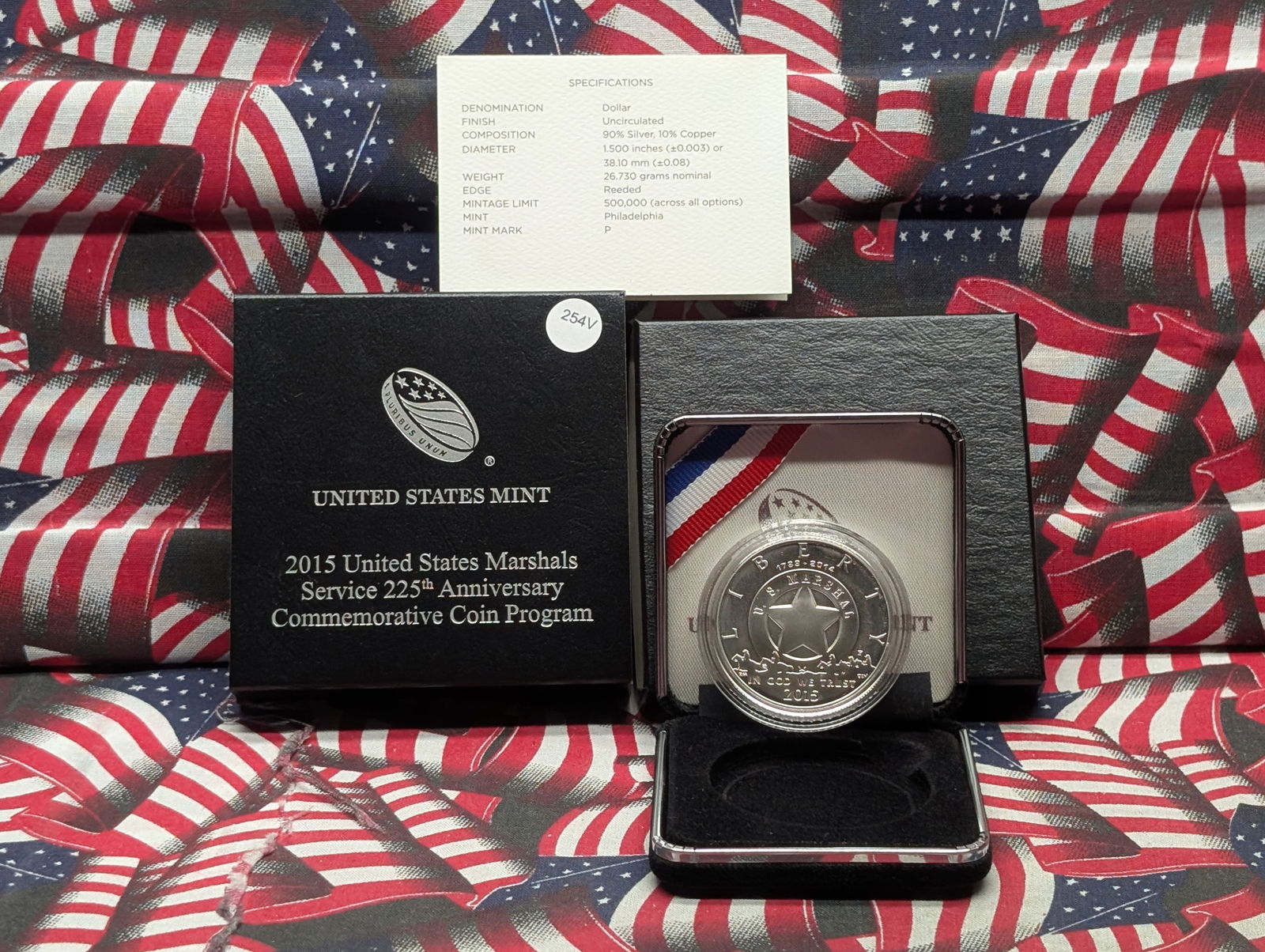 2015-P U.S. Marshals Service 225th Anniversary Commemorative 90% Silver Dollar Coin In OGP With COA, (1 of 4)