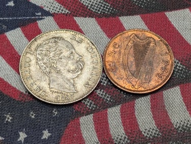 1887 Italy 1 Silver Lira & 1939 Ireland 1/4 Phingin/1 Farthing (2 PCS)