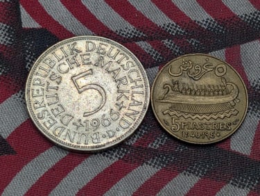 1940 Lebanon 5 Piastres - XF & 1966-D Germany 5 Silver Marks (2 PCS)